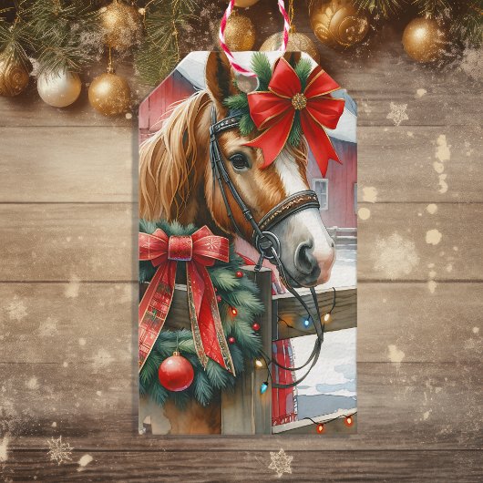  Bruin Paard in Rode Boog Kerst Cadeaulabel