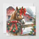  Bruin Paard in Rode Boog Kerst Feestdagenkaart (Voorkant)