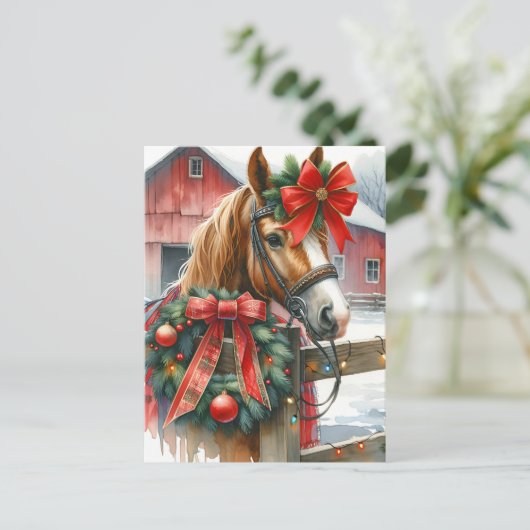  Bruin Paard in Rode Boog Kerst Feestdagenkaart (Staand voorkant)