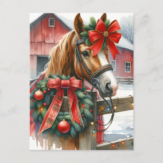  Bruin Paard in Rode Boog Kerst Feestdagenkaart (Voorkant)
