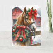 Bruin Paard in Rode Boog Kerst Kaart (Voorkant)