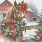  Bruin Paard in Rode Boog Kerst Sticker (Voorkant)