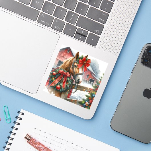  Bruin Paard in Rode Boog Kerst Sticker (Laptop met iPhone)