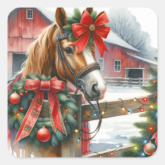 Bruin Paard in Rode Boog Kerst Vierkante Sticker (Voorkant)