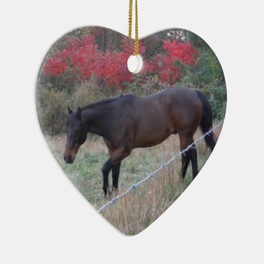 Bruin paard in rode herfstbomen keramisch ornament (Rechts)