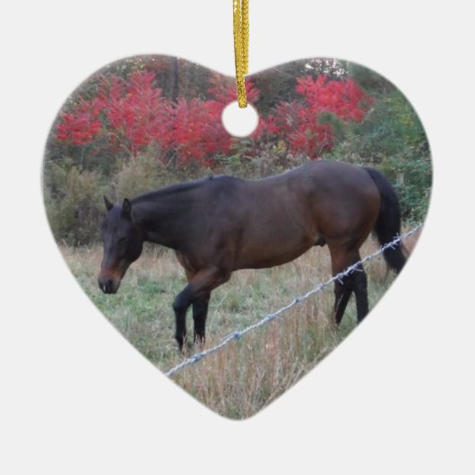 Bruin paard in rode herfstbomen keramisch ornament (Voorkant)