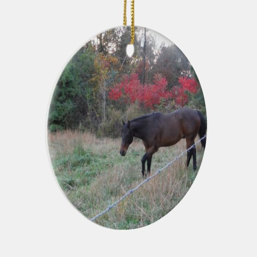 Bruin paard in rode herfstbomen keramisch ornament (Rechts)