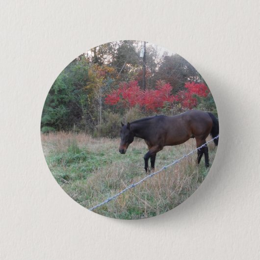 Bruin paard in rode herfstbomen ronde button 5,7 cm (Voorkant)