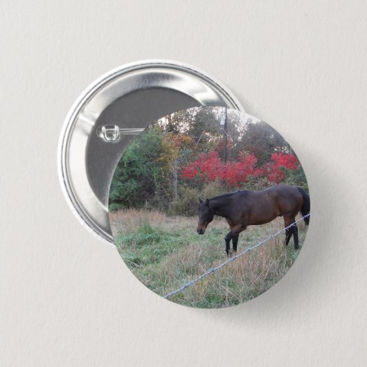 Bruin paard in rode herfstbomen ronde button 5,7 cm (Voorkant /achterkant)