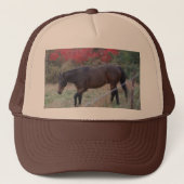 Bruin paard in rode herfstbomen trucker pet (Voorkant)