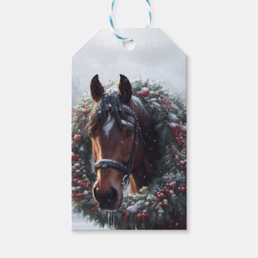 Bruin Paard Kerstkrans Sneeuwweide Cadeaulabel (Voorkant)