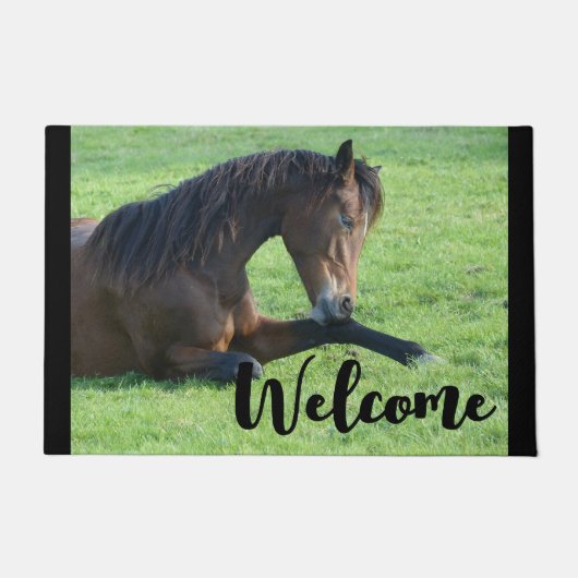 bruin paard Laying in Grass Welcome Deurmat (Voorkant)