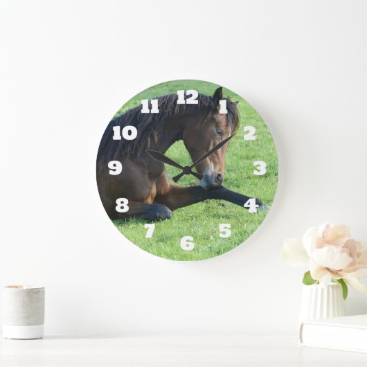  bruin paard lekt in gras grote klok (Huis)