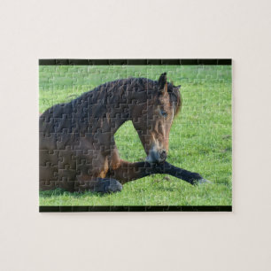  bruin paard lekt in gras legpuzzel
