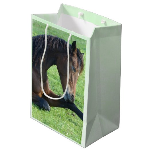  bruin paard lekt in gras medium cadeauzakje (Achterkant Gekanteld)