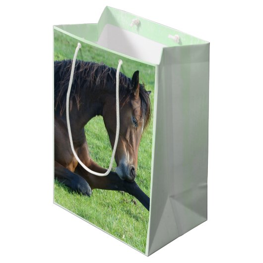  bruin paard lekt in gras medium cadeauzakje (Voorkant Gekanteld)