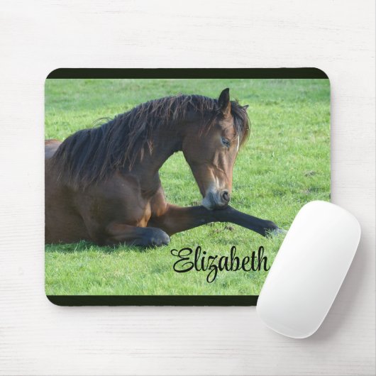  bruin paard lekt in gras muismat (Met muis)