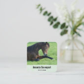  bruin paard lekt in gras vierkante visitekaartje (Staand voorkant)
