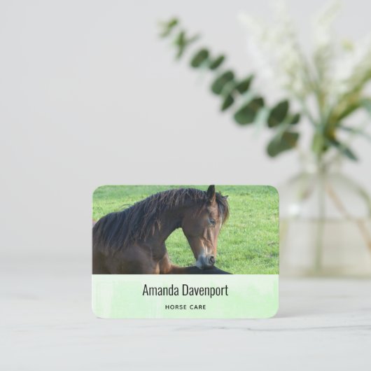  bruin paard lekt in gras visitekaartje (Staand voorkant)