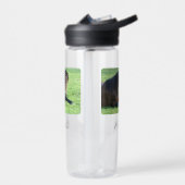 bruin paard lekt in gras waterfles (Links)