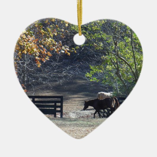 Bruin paard loopt door het hek keramisch ornament (Voorkant)