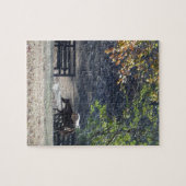 Bruin paard loopt door het hek legpuzzel (Horizontaal)