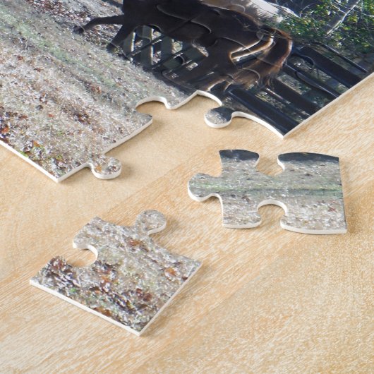 Bruin paard loopt door het hek legpuzzel (Zijkant)