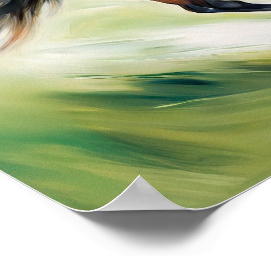 Bruin paard loopt over een weide poster (Hoek)