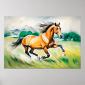 Bruin paard loopt over een weide poster (Voorkant)