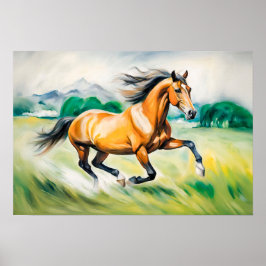 Bruin paard loopt over een weide poster