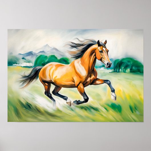 Bruin paard loopt over een weide poster (Voorkant)