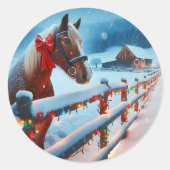  Bruin Paard met Boog Kerst Ronde Sticker (Voorkant)