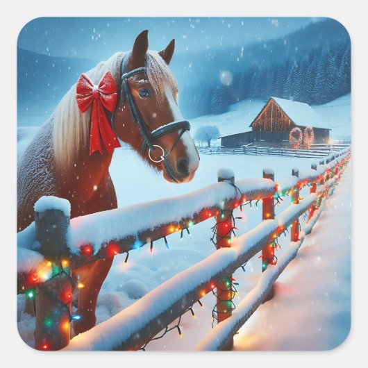  Bruin Paard met Boog Kerst Vierkante Sticker (Voorkant)