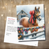  Bruin Paard met Bow And Barn Kerst Briefkaart