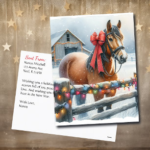 Bruin Paard met Bow And Barn Kerst Briefkaart