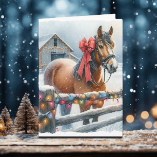 Bruin Paard met Bow And Barn Kerst Kaart