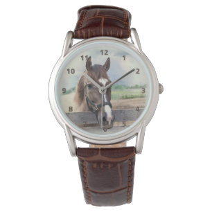 Bruin paard met Halter Horloge