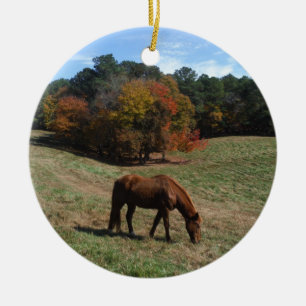 Bruin paard met herfst keramisch ornament