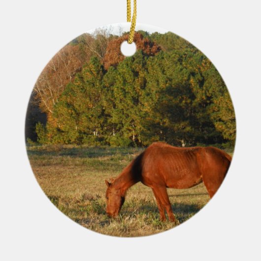 Bruin paard met pijnbomen keramisch ornament (Voorkant)