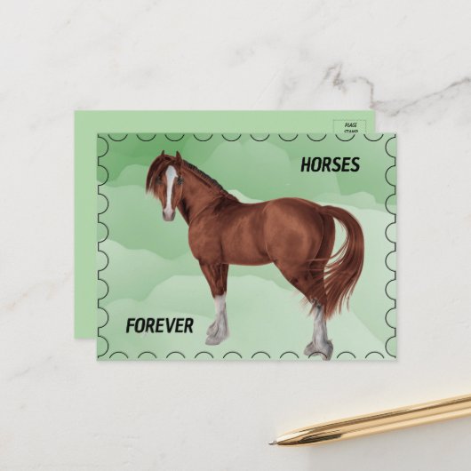 Bruin Paard met Postzegel Kijk Briefkaart (Voorkant / Achterkant in situ)