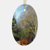 Bruin paard tegen een hek keramisch ornament (Links)