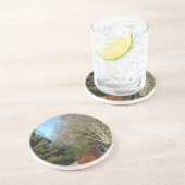 Bruin paard tegen een hek zandsteen onderzetter (Zijkant)