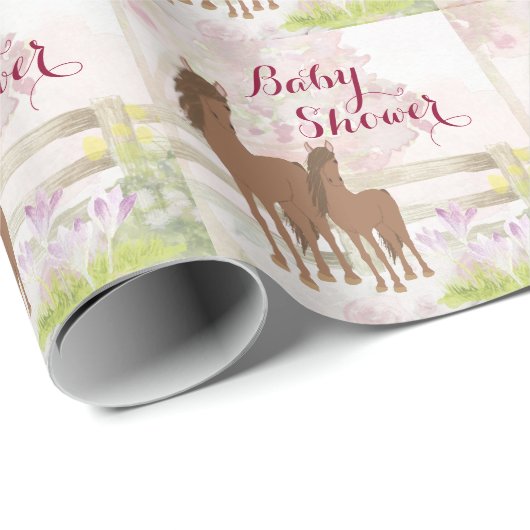 Bruin Paarden en Bloemen Baby shower Cadeaupapier (Rol Hoek)