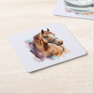 Bruin Paardenhoofd Portret in Aquarel Kartonnen Onderzetters