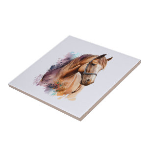 Bruin paardenhoofd portret in waterverf tegeltje