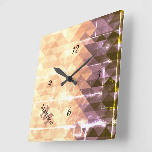 bruin paars geometrisch patroon Monogram Vierkante Klok (Hoek)