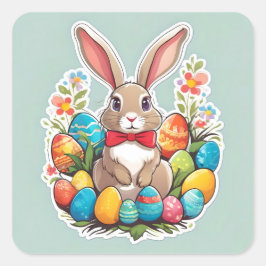 Bruin paashaas met eitjes sticker. vierkante sticker