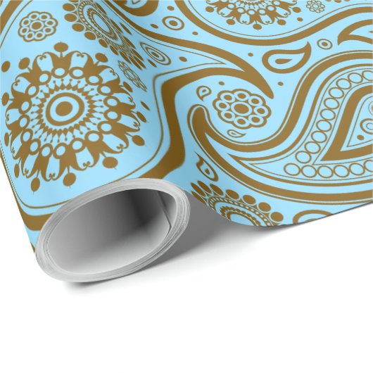 Bruin Paisley Aangepaste Blauwe Achtergrond Cadeaupapier (Rol Hoek)