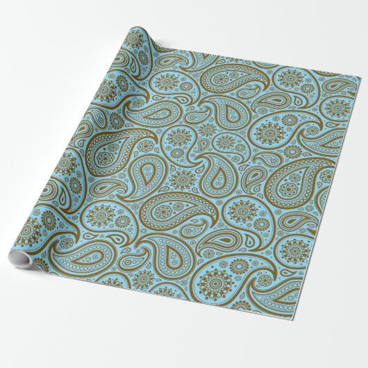 Bruin Paisley Aangepaste Blauwe Achtergrond Cadeaupapier (Uitgerold)