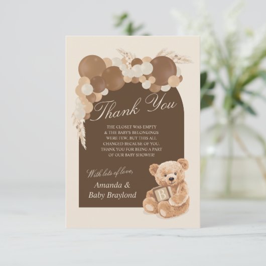 Bruin Pampas Grass Teddy Bear Dank je Kaart (Staand voorkant)